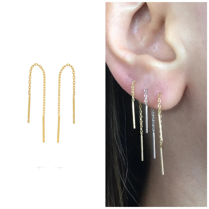 Buy Chain Gold Plated Earrings Pull Through Ears, Dangling, Dot Studs  Earrings, Minimalist, Tiny, Dainty, Dangle, Cross Earrings BAZAR CHIC  Online in India - Etsy